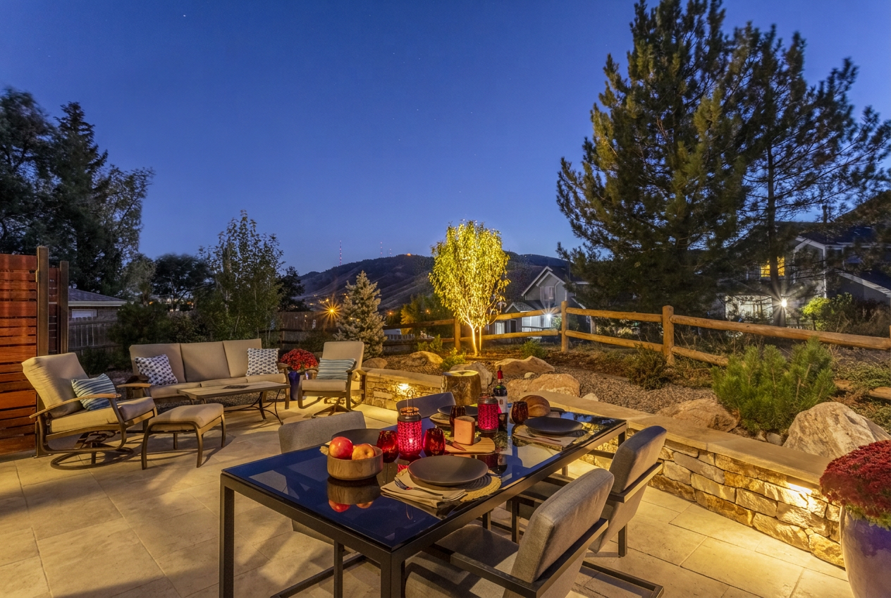 Evening patio with fire pit and mountain views by Design Exteriors